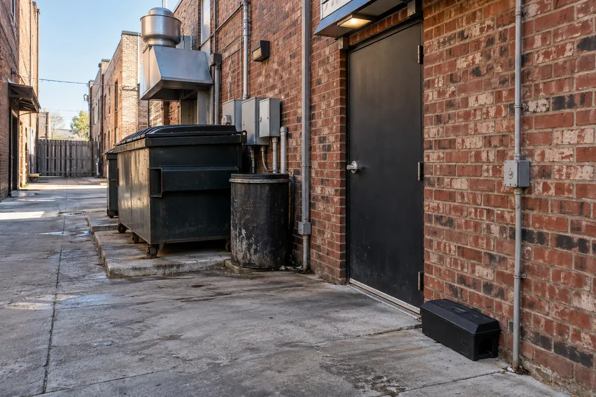 Brick alley with a dumpster, a rear door and a bait station, commercial pest control in Folsom, CA