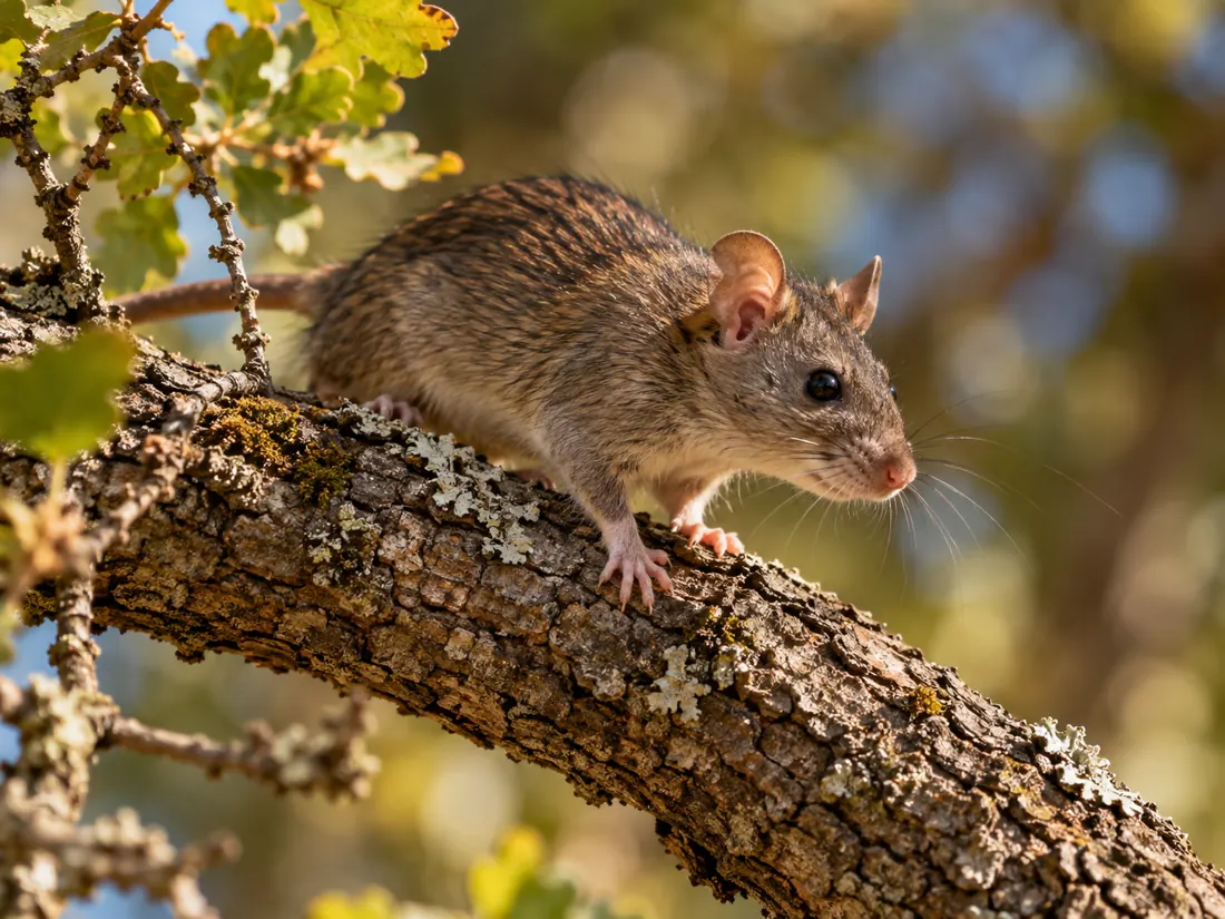 Roof rat on an oak branch